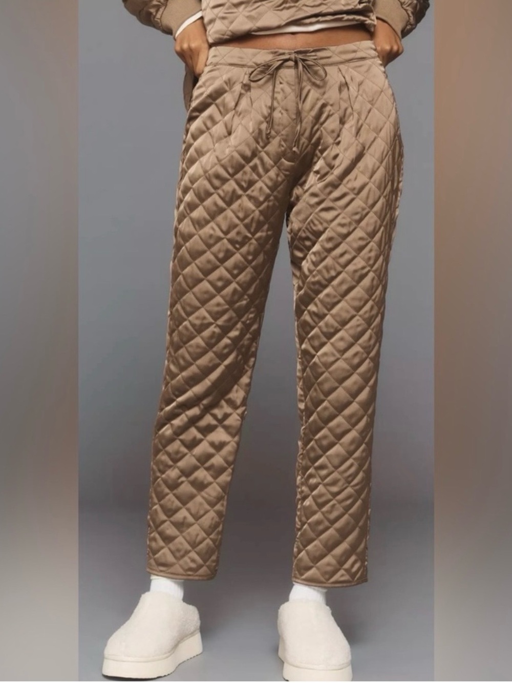 Flat White Quilted Pants From Anthropologie, Satin Texture, Color Tan, Size M
